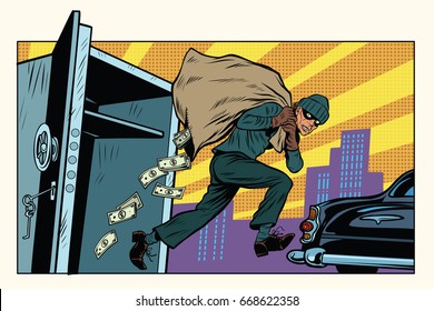 thief escapes from a Bank, bag of money. Crime and detective. Pop art retro vector illustration