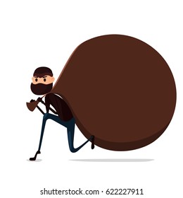 Thief Flat character design. Bandit with big bag. Robber in mask. Cartoon Vector Illustration.