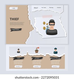 Thief flat landing page website template. Prisoner, witness, police officer. Web banner with header, content and footer. Vector illustration.