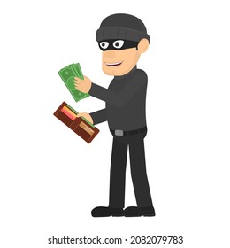 Thief. A Fraudster With A Stolen Wallet And Money, Vector Illustration