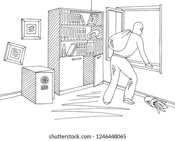 Thief getting out the window in the office room graphic black white interior sketch illustration vector