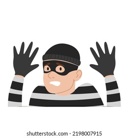 Thief got caught vector isolated. Illustration of a frightened criminal with raised hands. Robber in panic.