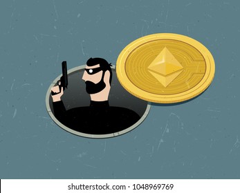 Thief with gun in water drain, hacker hacking Ethereum wallet system concept