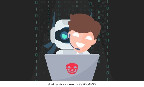 Thief Hacker Ai robot disguised as a Human voice on digital background. fraud scam and steal private data on devices. vector illustration for cyber criminal awareness concept.