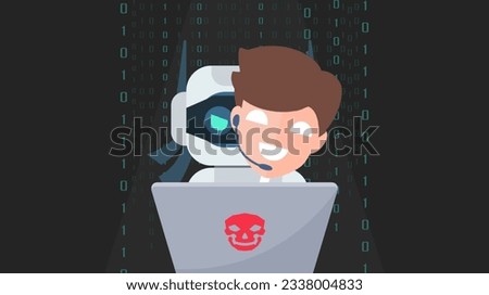Thief Hacker Ai robot disguised as a Human voice on digital background. fraud scam and steal private data on devices. vector illustration for cyber criminal awareness concept.