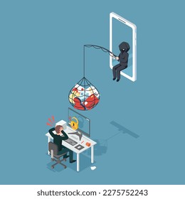 A thief Hacker attacks a laptop by stealing an account. fraud scam and steal personal data and financial documents on devices. vector illustration flat design for cyber security awareness concept.