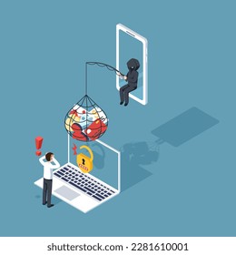 Thief Hacker ataca una laptop robando una cuenta. fraude estafa y robo de datos personales, documentos financieros en dispositivos. ilustración vectorial diseño plano para el concepto de conciencia de ciberseguridad.