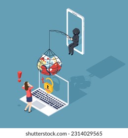 Dieb Hacker greift einen Laptop an, indem er einen Account gestohlen. Betrug betrügerisch und stehlen personenbezogene Daten, Finanzdokumente auf Geräten. Vektorgrafik-Flachdesign für das Konzept der Cybersicherheit.
