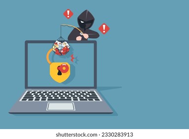 Thief Hacker attacks a laptop by stealing an account. fraud scam and steal personal data, financial documents on devices. vector illustration flat design for cyber security awareness concept.