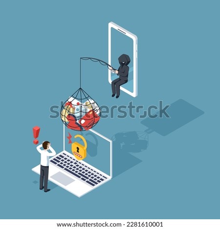 Thief Hacker attacks a laptop by stealing an account. fraud scam and steal personal data, financial documents on devices. vector illustration flat design for cyber security awareness concept.