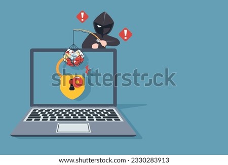 Thief Hacker attacks a laptop by stealing an account. fraud scam and steal personal data, financial documents on devices. vector illustration flat design for cyber security awareness concept.