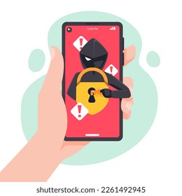 Thief Hacker ataca un smartphone por mensaje. fraude estafa y robo de datos privados en dispositivos. ilustración vectorial diseño plano para el concepto de conciencia de ciberseguridad.