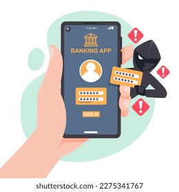 Thief Hacker ataca un smartphone robando una aplicación de banca de cuentas. fraude estafa y robo de datos privados en dispositivos. ilustración vectorial diseño plano para el concepto de conciencia de ciberseguridad.