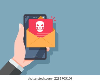 Thief Hacker attacks a smartphone by email. Fraud scam virus and steal private data on mobile devices businessman hand. Vector illustration flat design for cyber security awareness concept.