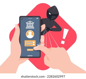 Thief Hacker attacks a smartphone by manipulating control user account banking app. Fraud scam and steal private data on devices. Vector illustration flat design for cyber security awareness concept.