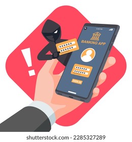 Thief Hacker attacks a smartphone by stealing an account banking app. fraud scam and stealing private data on devices. vector illustration flat design for cyber security awareness concept.