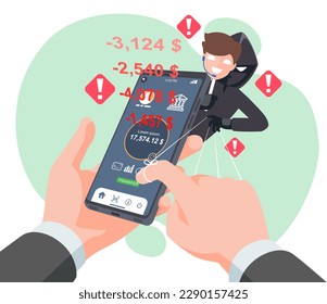 Thief Hacker attacks a smartphone by manipulating a user account banking app. Fraud scam and steal private data on devices. Vector illustration flat design for cyber security awareness concept.