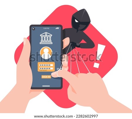 Thief Hacker attacks a smartphone by manipulating control user account banking app. Fraud scam and steal private data on devices. Vector illustration flat design for cyber security awareness concept.