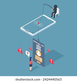 Thief Hacker attacks a user by stealing an account banking app. fraud scam and steal private data on devices. Vector illustration isometric flat design for cyber security awareness concept.