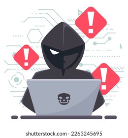 Thief Hacker attacks web security by laptop. fraud scam and steal private data on devices. vector illustration flat design for cyber criminal awareness concept.