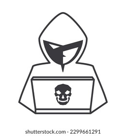 Thief Hacker attacks a web security by laptop. fraud scam and steal private data on devices. vector illustration flat logo and icon design for cyber criminal awareness concept.