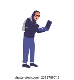 Personaje de caricatura de un hacker ladrón usando máscara y capucha con computadora portátil robando datos de usuarios