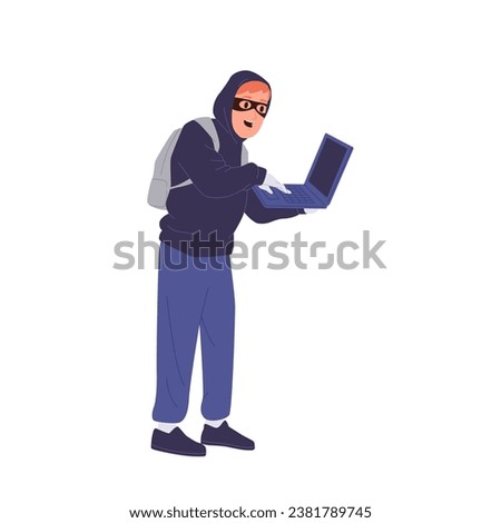 Thief hacker cartoon character wearing facemask and hoodie with computer laptop stealing user data