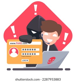 Thief Hacker disguised as call centers. Fraud scam and steal private data by Fake website. Vector illustration flat design for cyber criminal awareness concept.