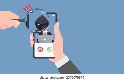 Thief Hacker disguised as fake call centers. Check the stranger's number. Scam, Prank, Fraud, and phishing on a mobile phone. Vector illustration flat design.