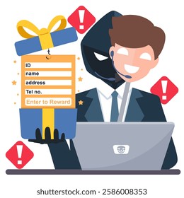 Thief Hacker disguised as fake call centers. fraud scam and stealing user information by pretending to win a prize. vector illustration flat design for cyber criminal awareness concept.