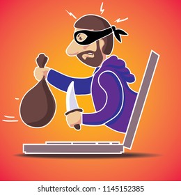 The thief, the hacker, the extortioner with a bag from the computer is threatened with a knife. Vector illustration.