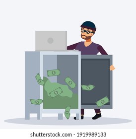 Thief Hacker is hacking data in laptop to steal money like steal money in safe locker, Flat Vector cartoon character, hacker attack concept
