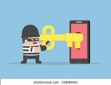Thief or hacker hacking smartphone by key, VECTOR, EPS10