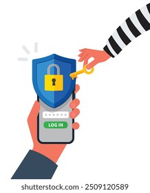 Thief or hacker hand use key to open smartphone stock illustration