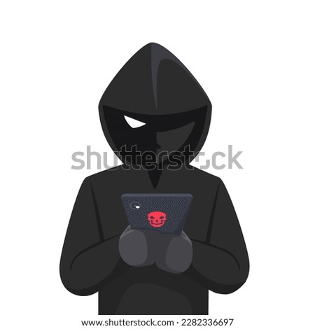 Thief Hacker hold mobile phone and attack by smartphone on isolated white background.Fraud scam and steal private data on devices. vector illustration flat design for cyber security awareness concept