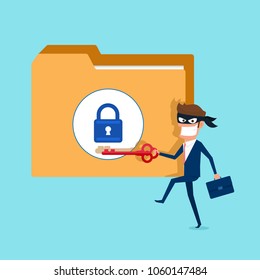 Thief. Hacker holds key stealing confidential data as passwords from personal computer useful for anti phishing and internet viruses campaigns. concept hack internet social network.Vector Illustration