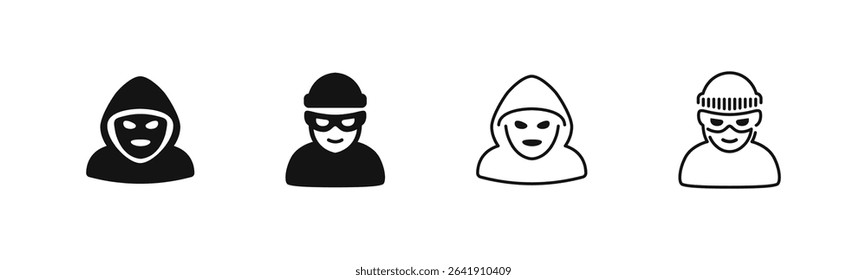 Thief and hacker icons in hood and mask, flat and outline styles. Crime and cyber security symbols for danger themes set.