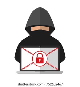 Thief hacker locked a victim computer laptop folder for ransom with ransomware malware virus computer on white background. Vector illustration cybercrime technology data privacy and security concept.