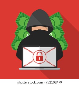 Thief hacker locked victim computer laptop for ransom with ransomware malware virus computer with banknote background. Vector illustration cybercrime technology data privacy and security concept.