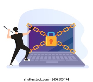 Thief hacker man character trying break security protection system. Cyber internet crime concept. Vector flat graphic design cartoon illustration