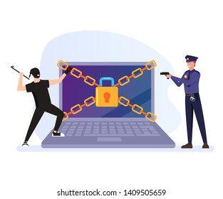 Thief hacker man character trying break security protection system and policeman catch him. Cyber internet crime concept. Vector flat graphic design cartoon illustration