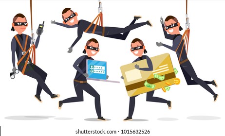 Thief, Hacker Man Set Vector. Stealing Credit Card Information, Personal Data, Money. Fishing Attack. Isolated Flat Cartoon Character Illustration
