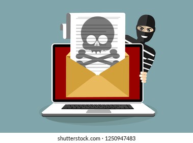 Thief hacker in mask. Laptop with envelope and skull on the screen. Concept of virus, piracy, hacking and security. Flat vector illustration.