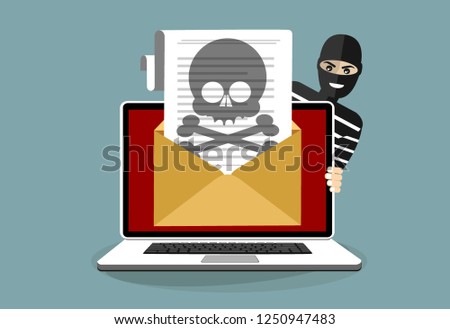 Thief hacker in mask. Laptop with envelope and skull on the screen. Concept of virus, piracy, hacking and security. Flat vector illustration.