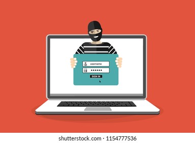 Thief hacker in mask stealing passwords from laptop. anti phishing and internet viruses concept. Cartoon Vector Illustration.