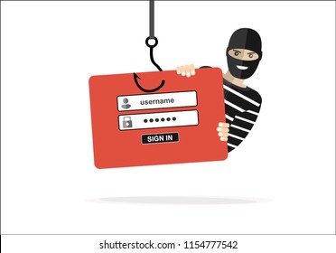 Thief hacker in mask stealing passwords. anti phishing and internet viruses concept. Cartoon Vector Illustration. Cartoon Vector Illustration.