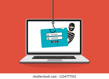 Thief hacker in mask stealing passwords from laptop. anti phishing and internet viruses concept. Cartoon Vector Illustration.