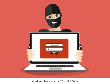 Thief hacker in mask stealing passwords from laptop. anti phishing and internet viruses concept. Cartoon Vector Illustration.