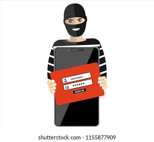 Thief hacker in mask stealing passwords from smartphone. anti phishing and internet viruses concept. Cartoon Vector Illustration.