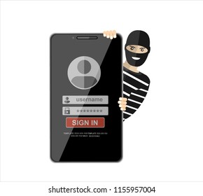 Thief hacker in mask stealing passwords from smartphone. anti phishing and internet viruses concept. Flat vector illustration.